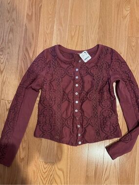 Free People Maroon/Rasberry Lace-Front Button Cardigan, M/L, NWT